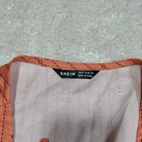 SHEIN Orange Striped Puff Sleeve Tie Front Peplum Blouse Women M - Picture 2 of 5